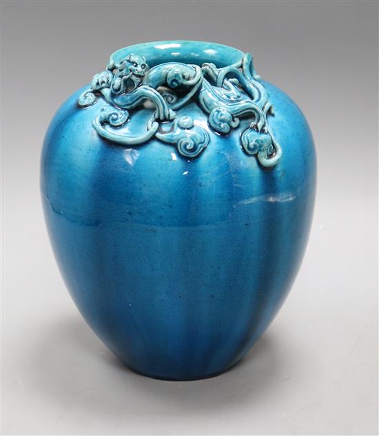 A Japanese turquoise glazed dragon jar height 21.5cm